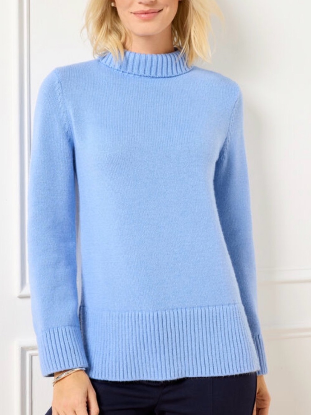Talbots Cotton Funnel Neck Sweater French Blue Periwinkle Medium Side Slits Lux